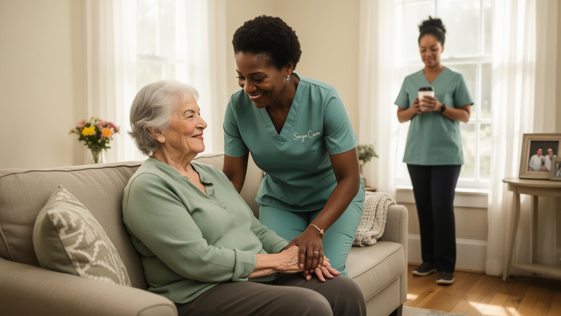A caregiver sitting warmly beside an elderly woman in a bright, comfortable living room